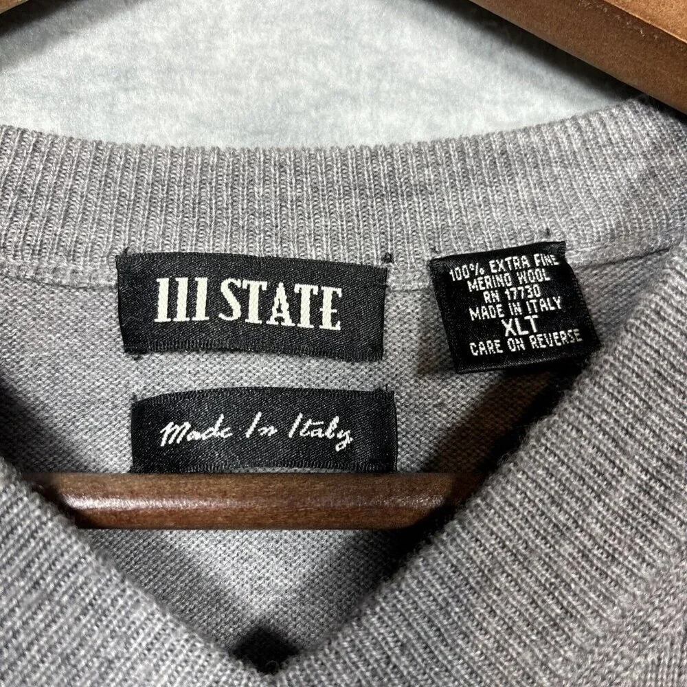 111 State Mens Sweater Sz XLT 100% Extra Fine Merino‎ Wool V Neck Gray Casual